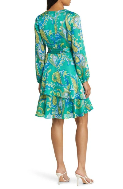 Shop Tahari Asl Floral Print Faux Wrap Dress In Basil Blue Lime