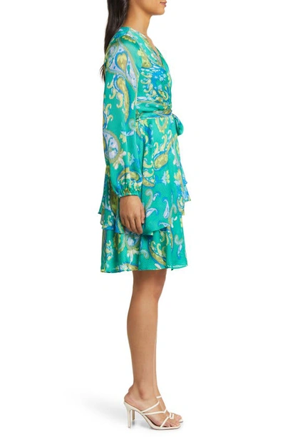 Tahari Asl Floral Print Faux Wrap Dress In Basil Blue Lime | ModeSens