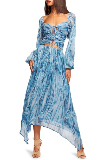 Shop Ramy Brook Emmy Metallic Swirl Print Long Sleeve Handkerchief Hem Dress In Calypso Blue Lurex Swirl Knit