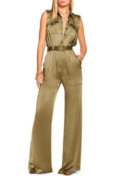 Shop Ramy Brook Rayna Belted Wide Leg Satin Jumpsuit In Dark Olive