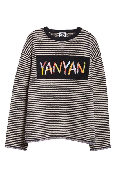 Shop Yanyan Embroidered Logo Stripe Wool Sweater In Black/ Oatmeal