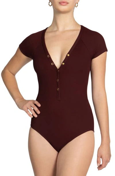 Shop Robin Piccone Amy Plunge Neck Cap Sleeve One-piece Swimsuit In All Spice