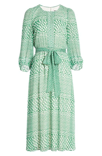 Shop Anne Klein Print Tie Waist Midi Dress In Emerald Mint/ White