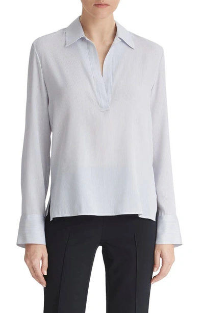 Shop Vince Micro Stripe Stretch Silk Popover Shirt In Sky Graphite