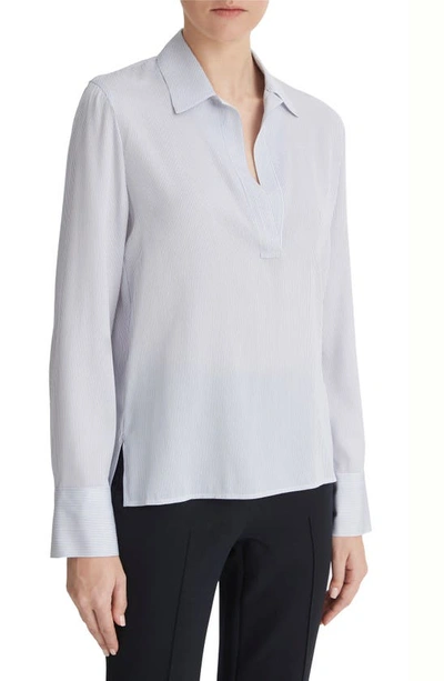 Shop Vince Micro Stripe Stretch Silk Popover Shirt In Sky Graphite