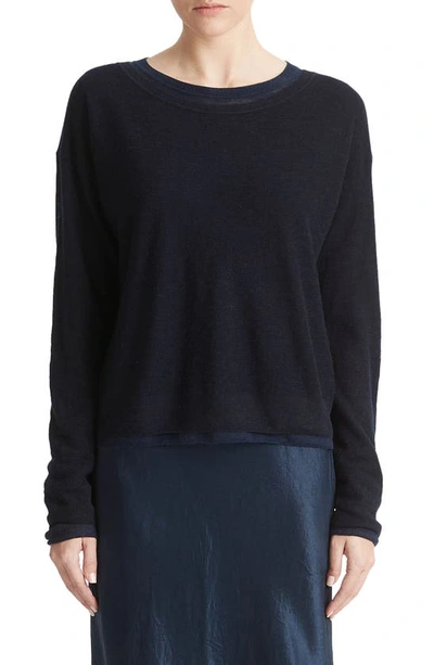 Shop Vince Double Layer Wool, Silk & Alpaca Crewneck Sweater In Coastal/ Light Coastal