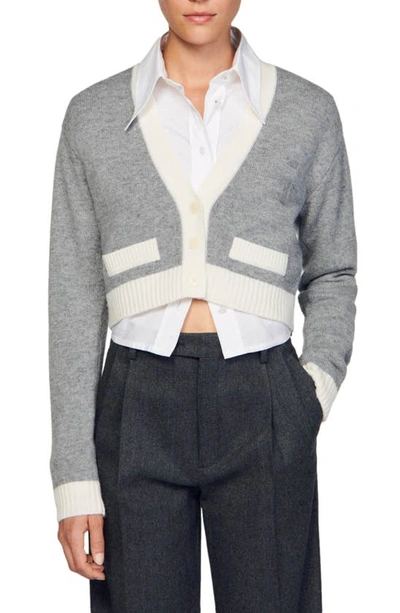 Shop Sandro Asria Crop Wool & Cashmere Blend Cardigan In Grey