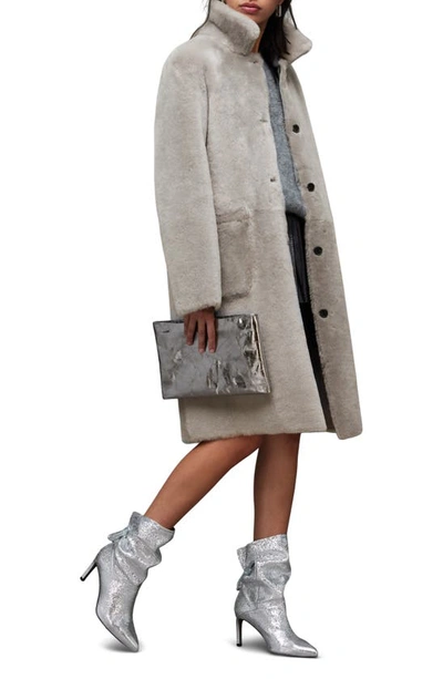 Allsaints Serra Reversible Shearling Coat In Pale Grey