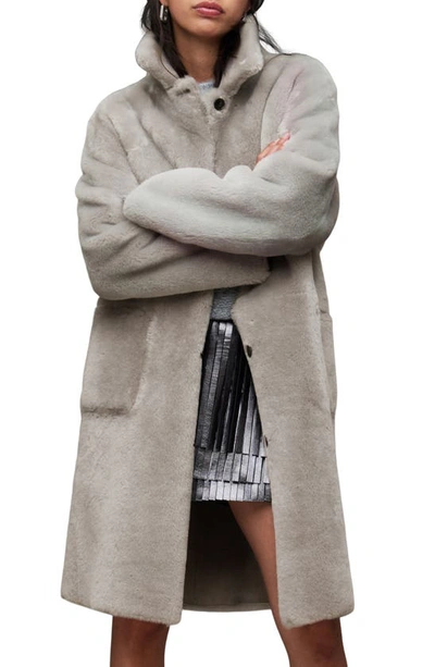 Allsaints Serra Reversible Shearling Coat In Pale Grey