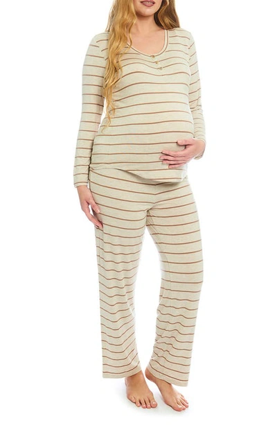 Shop Everly Grey Laina Jersey Long Sleeve Maternity/nursing Pajamas In Mocha Stripe