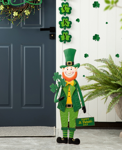 Glitzhome 36" H St. Patrick's Metal Leprechaun Yard Stake Or Standing Decor Or Wall Decor In Green