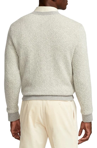 Shop Ralph Lauren Purple Label Herringbone Cashmere V-neck Sweater In Grey Multi