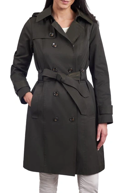 Shop London Fog Belted Water Repellent Trench Coat With Removable Hood In Olive