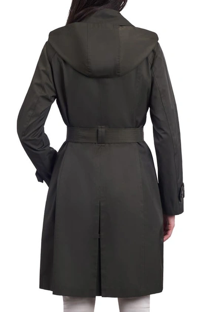 London Fog Belted Water Repellent Trench Coat With Removable Hood In Olive