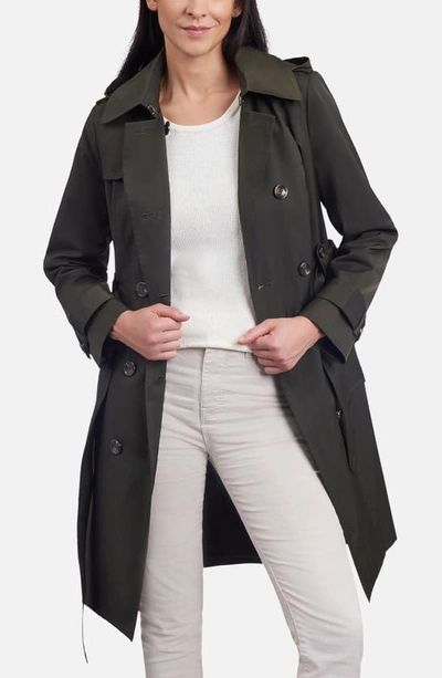London Fog Belted Water Repellent Trench Coat With Removable Hood In Olive