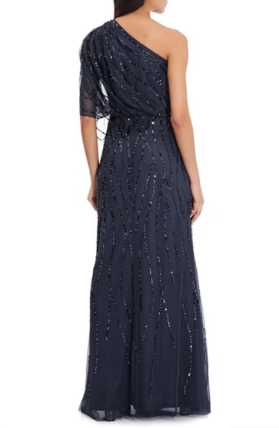 Shop Adrianna Papell Sequin One-shoulder Gown In Dusty Navy