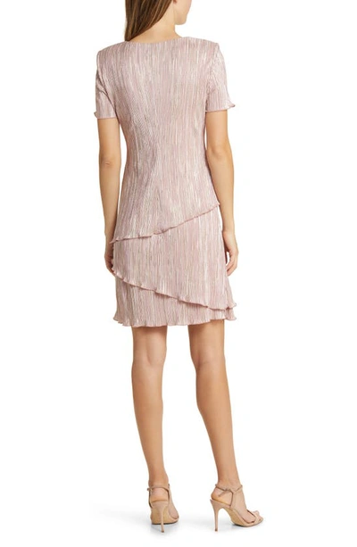 Shop Connected Apparel Plissé Foil Tiered Dress In Dusty Rose