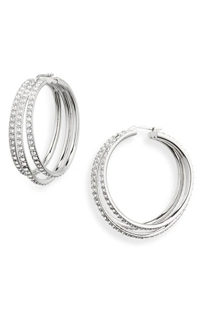 Shop Amina Muaddi Vittoria Hoop Earrings In White Crystal/ Silver Base