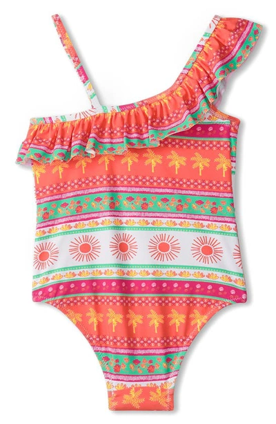 Shop Hatley Ornate Tropical Ruffle Trim One-piece Swimsuit In White