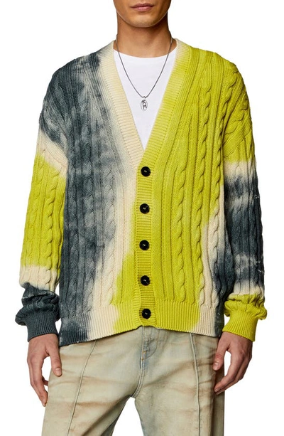 Shop Diesel ® K-jonny Tie Dye Cotton Cable Cardigan In Yellow Multi