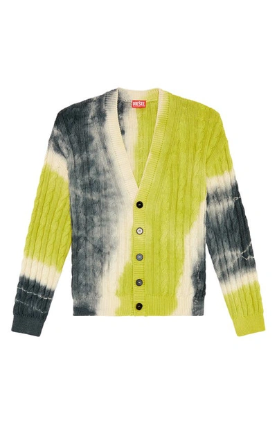 Shop Diesel K-jonny Tie Dye Cotton Cable Cardigan In Yellow Multi