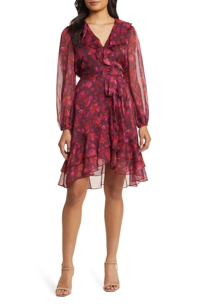Sam Edelman V-neck Long Sleeve Ruffle Mini Dress Ruby Multi In Ruby Multi