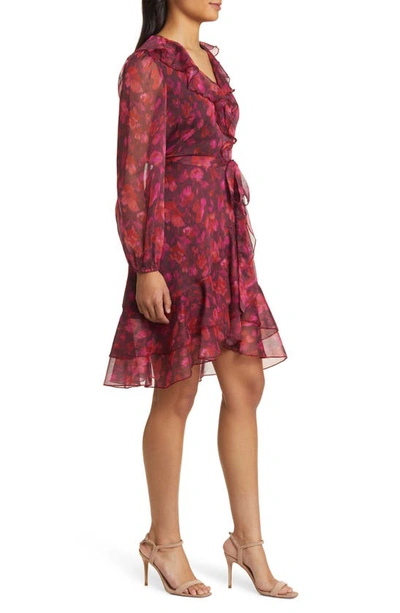 Sam Edelman V-neck Long Sleeve Ruffle Mini Dress Ruby Multi In Ruby Multi