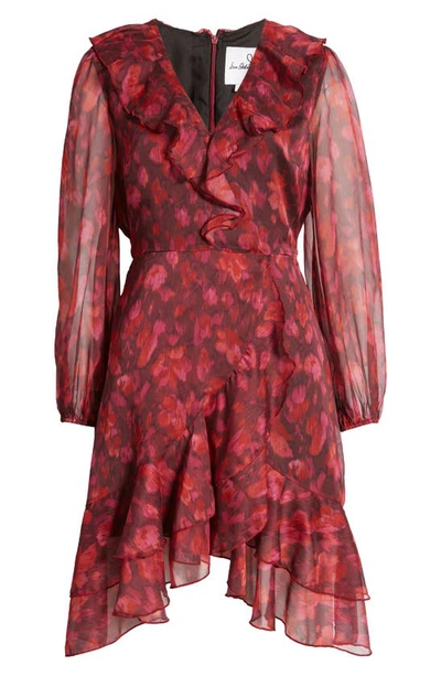 Sam Edelman V-neck Long Sleeve Ruffle Mini Dress Ruby Multi In Ruby Multi