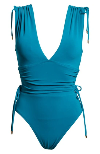 Shop Robin Piccone Aubrey V-neck One-piece Swimsuit In Ocean