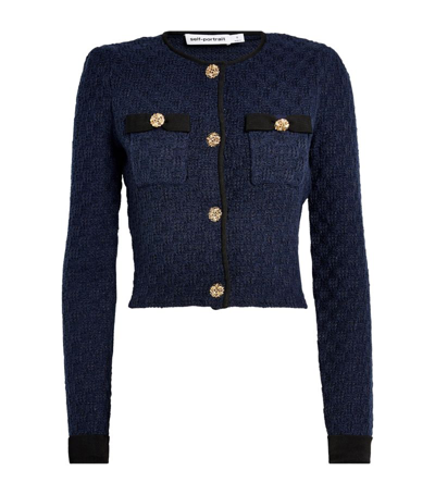 Shop Self-portrait Knitted Cropped Cardigan In Navy