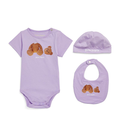 Shop Palm Angels Bodysuit, Bib And Hat Set (3-12 Months) In Purple