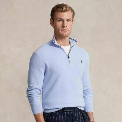 Shop Ralph Lauren Mesh-knit Cotton Quarter-zip Sweater In Blue Hyacinth