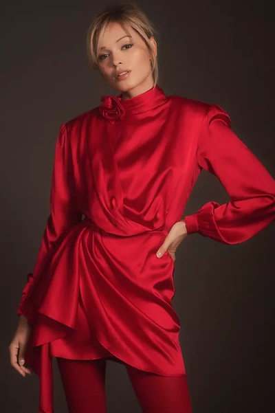 Shop Ronny Kobo Rocky Long-sleeve Draped Mini Dress In Red