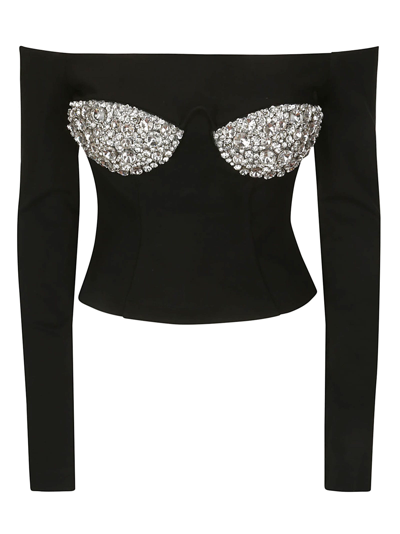 Shop Area Embroidered Crystal Cup Long Sleeve Top In Black