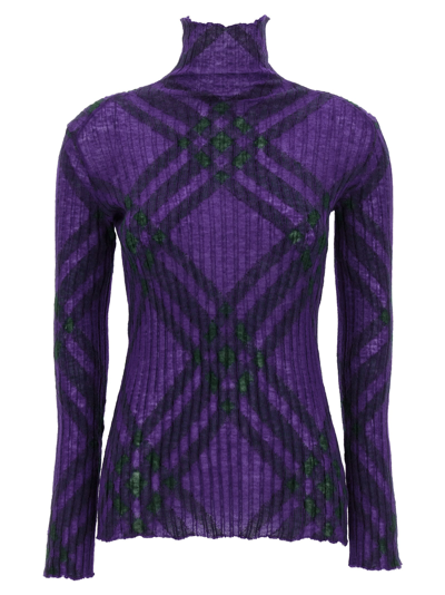 Shop Burberry Check Sweater In Purple