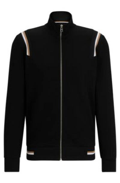 Shop Hugo Boss Zip-up Sweatshirt With Signature-stripe Trims In Black