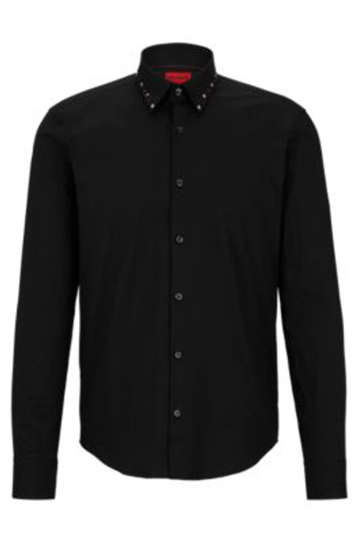 Shop Hugo Slim-fit Shirt In Stretch Cotton With Studded Collar In Black