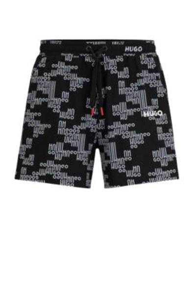 Hugo Boss Fully Lined Swim Shorts With All-over Logos In Black