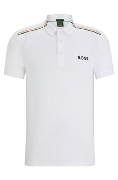Shop Hugo Boss Boss X Matteo Berrettini Slim-fit Polo Shirt With Signature Stripes In White