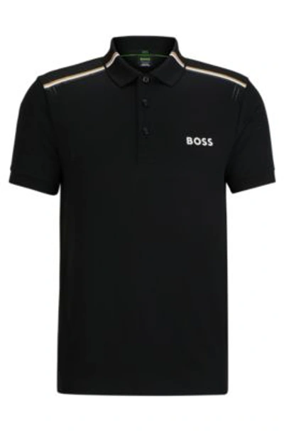Shop Hugo Boss Boss X Matteo Berrettini Slim-fit Polo Shirt With Signature Stripes In Black