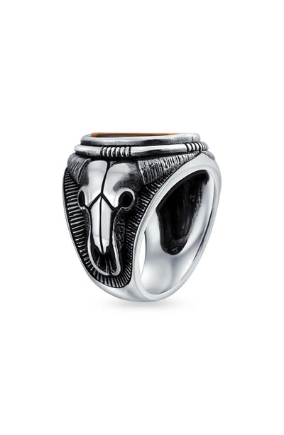 Shop Bling Jewelry Sterling Silver Semiprecious Stone Skull Signet Ring In Brown