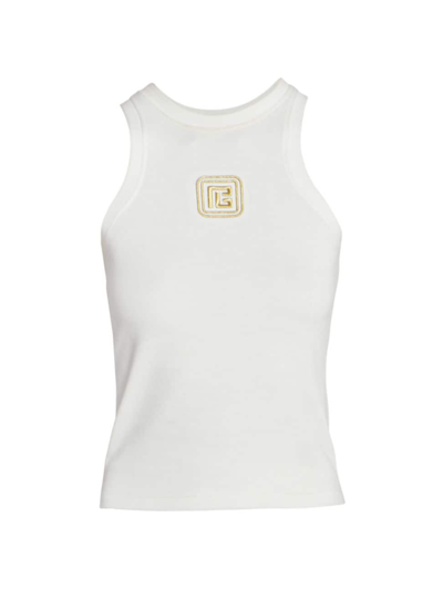 Shop Balmain Women's Embroidered Monogram Cotton-blend Tank In White Gold