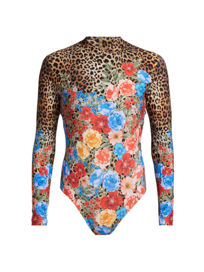 Shop Johnny Was Women's Cheetah & Floral-print Long-sleeve Swimsuit In Neutral