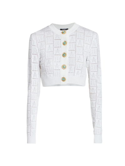 Shop Balmain Women's Monogram Pointelle-knit Cardigan In White