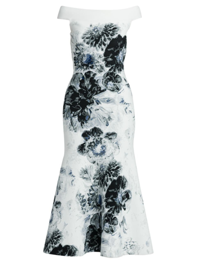 Shop Alexander Mcqueen Women's Chiaroscuro Floral Midi-dress In White Black Blue