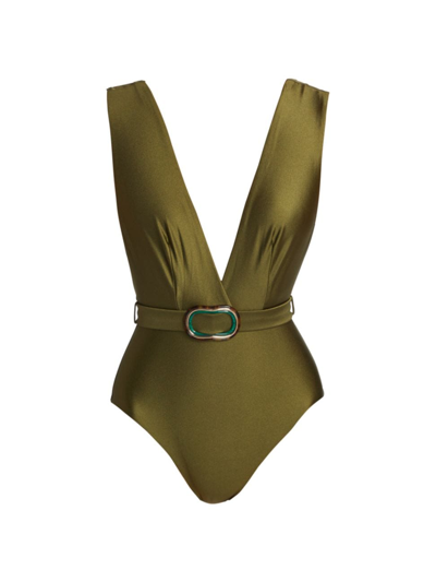 Shop Zimmermann Women's Junie Belted Plunge One-piece Swimsuit In Olive