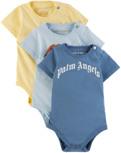 Shop Palm Angels Three-pack Baby Multicolor Bodysuits In Blue White