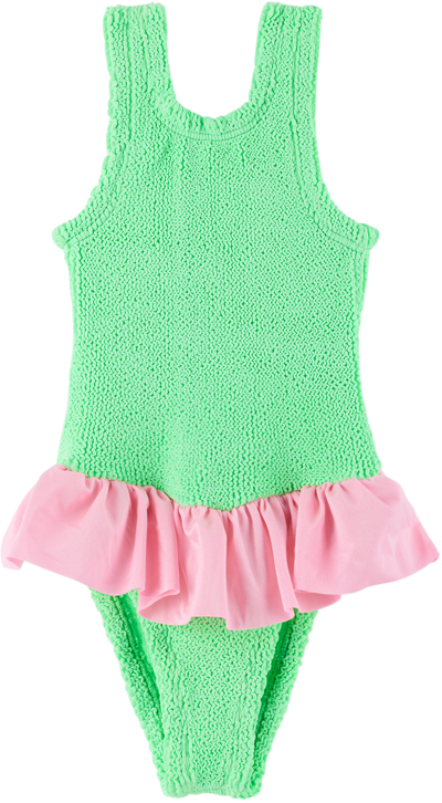 Shop Hunza G Baby Green Duo Denise One-piece Swimsuit In Lime/bubblegum