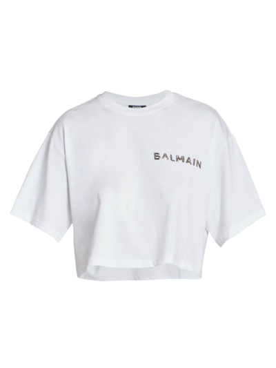 Shop Balmain Women's Laminated Logo Cotton Crop T-shirt In White Silver