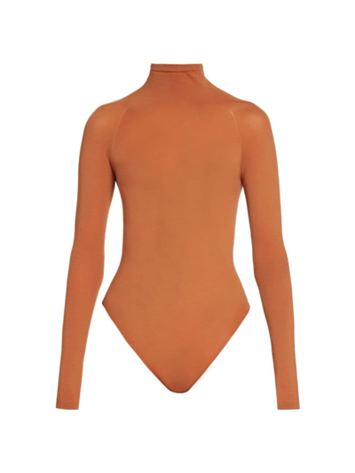Shop Alaïa Women's String Long-sleeve Turtleneck Bodysuit In Cannelle